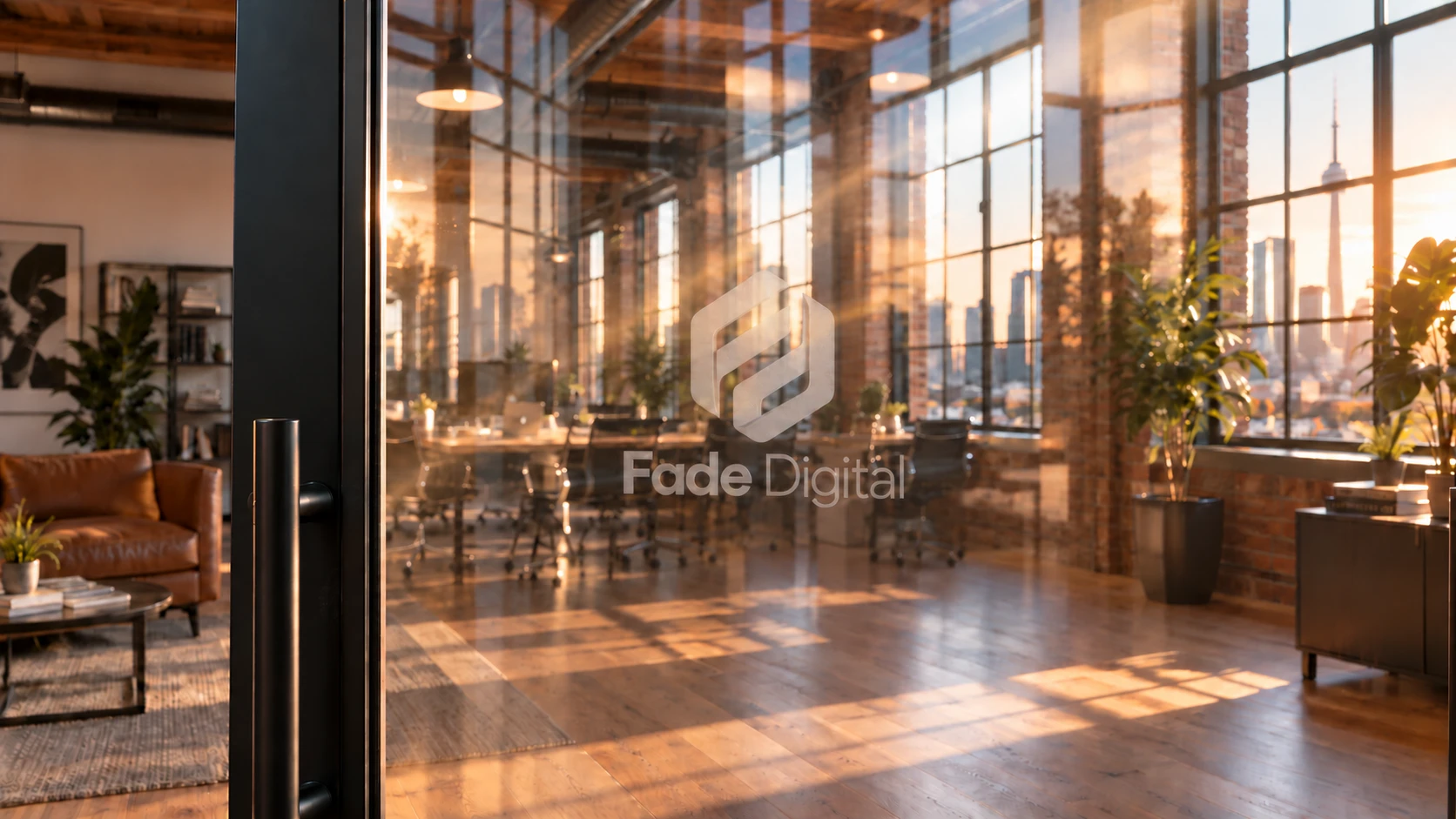 The Fade Digital logo on a glass office door, with the Toronto skyline at sunset behind it