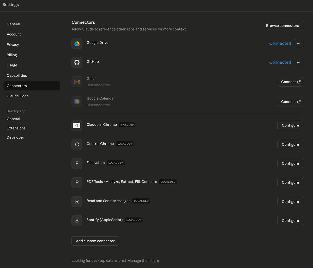 The Claude Connectors settings panel, where you connect Gmail, Google Calendar, Google Drive, and other tools so your workflows can reach real data.