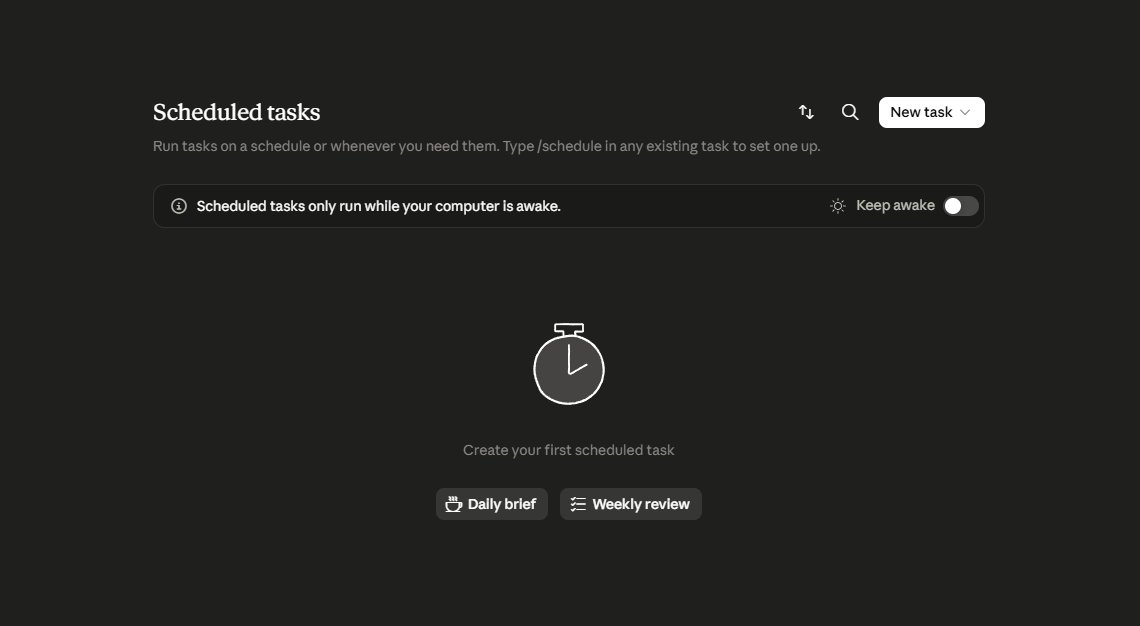 The Claude Scheduled tasks screen, where workflows run on a timer. Note the reminder that scheduled tasks only run while your computer is awake.