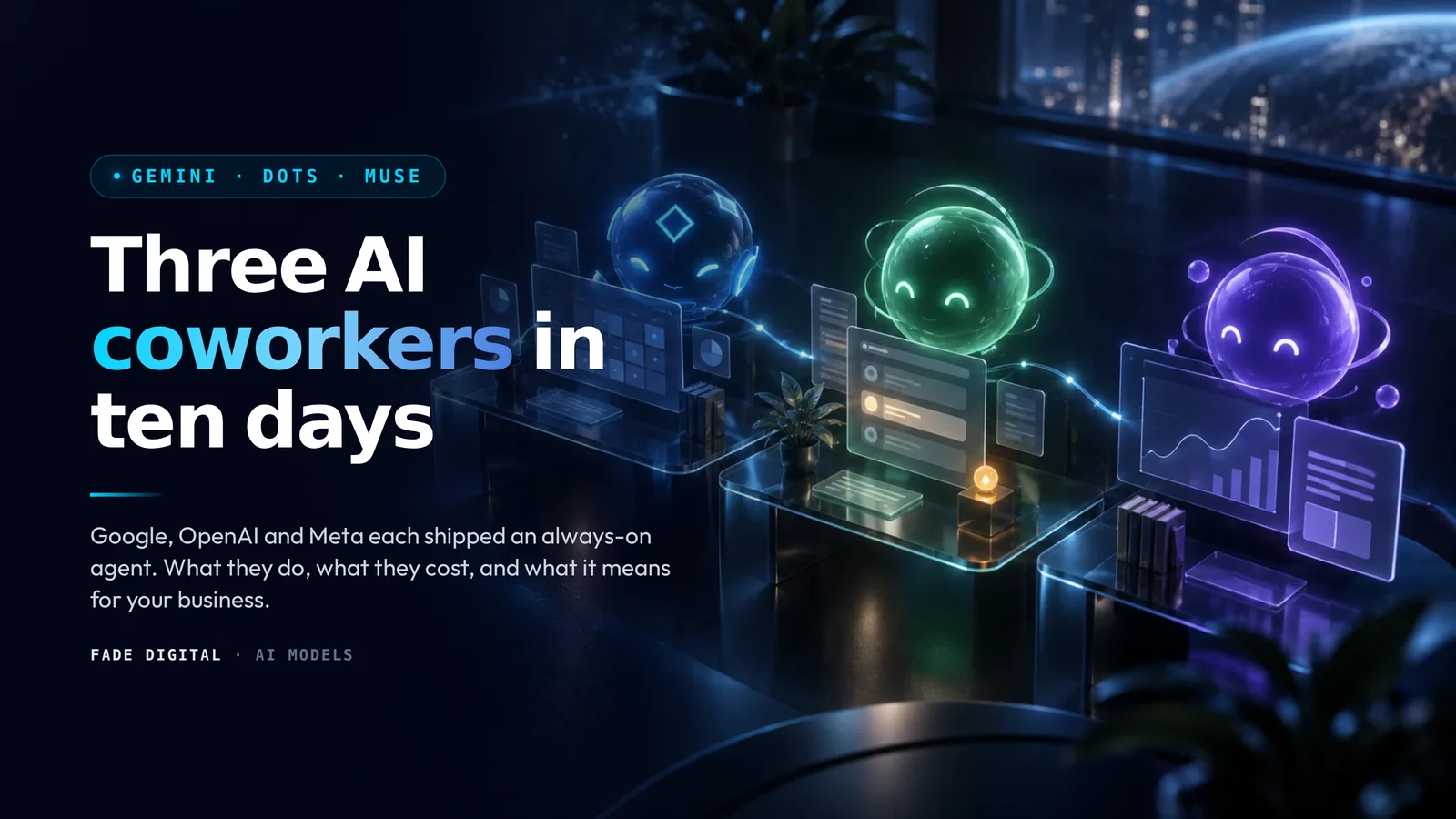 Three AI agents at work side by side, each with a task in progress, a status light and an approval waiting for a human